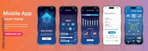 A sleek smart home application interface template featuring modern icons and a gradient design. Includes navigation menus for managing devices, monitoring security, controlling temperature