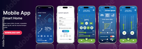 A sleek smart home application interface template featuring modern icons and a gradient design. Includes navigation menus for managing devices, monitoring security, controlling temperature