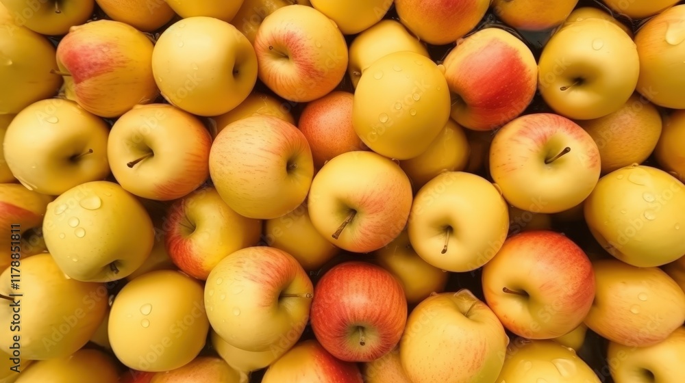A Vibrant Pile of Fresh Yellow Apples Resting Near Water with Glistening Drops of Freshness, Perfect for Healthy Living and Culinary Creativity A Vibrant Pile of Fresh Yellow Apples Resting Near Water with Glistening Drops of Freshness, Perfect for Healthy Living and Culinary Creativity