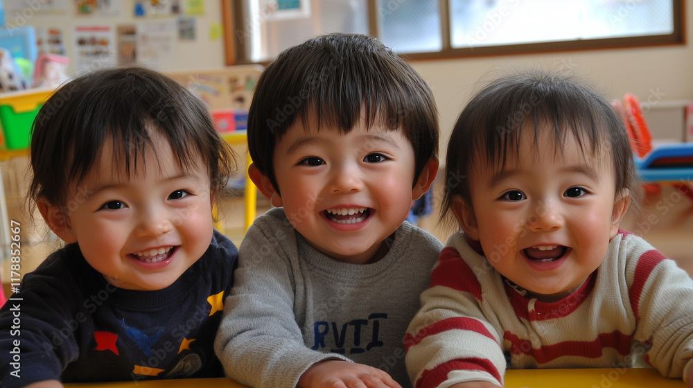 日本人の3歳・4歳の女の子と男の子の幼児3人が保育園の教室で笑顔で遊んでいるポートレート写真