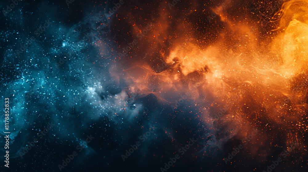 A dark grainy background with vibrant orange and blue glowing abstract shapes. Black noise texture adds depth, creating a striking wide banner or poster design for a modern, edgy look. A dark grainy background with vibrant orange and blue glowing abstract shapes. Black noise texture adds depth, creating a striking wide banner or poster design for a modern, edgy look.