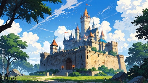 Wallpaper Mural Majestic Castle Towering Over a Verdant Landscape Under a Bright Blue Sky With Fluffy Clouds Torontodigital.ca