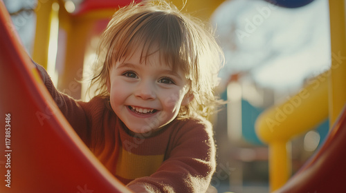 Obraz na płótnie 公園で遊ぶ笑顔な金髪の幼児 3歳、4歳、5歳 幼稚園児 w salonie