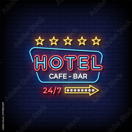 hotel cafe and bar neon sign style with brick wall background vector