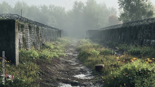 WWI trenches with barbed wire and bunkers, gritty and realistic battlefield