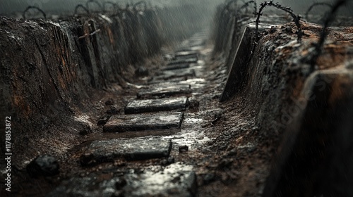 WWI trenches with barbed wire and bunkers, gritty and realistic battlefield photo