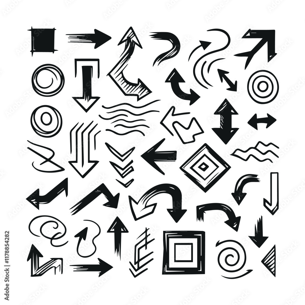 Hand drawn creative geometric pointing outline shapes and doodle frames illustration set arrow 
