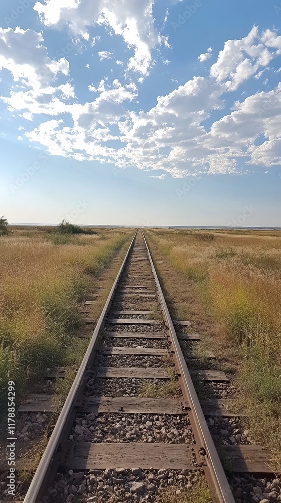 Obraz premium This image captures a serene view of empty railroad tracks stretching towards a vast, open sky, surrounded by golden grass and scattered clouds, evoking a sense of adventure.