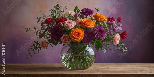 Wallpaper Mural Beautiful various flowers bouquet in a glass vase on the wooden table Torontodigital.ca
