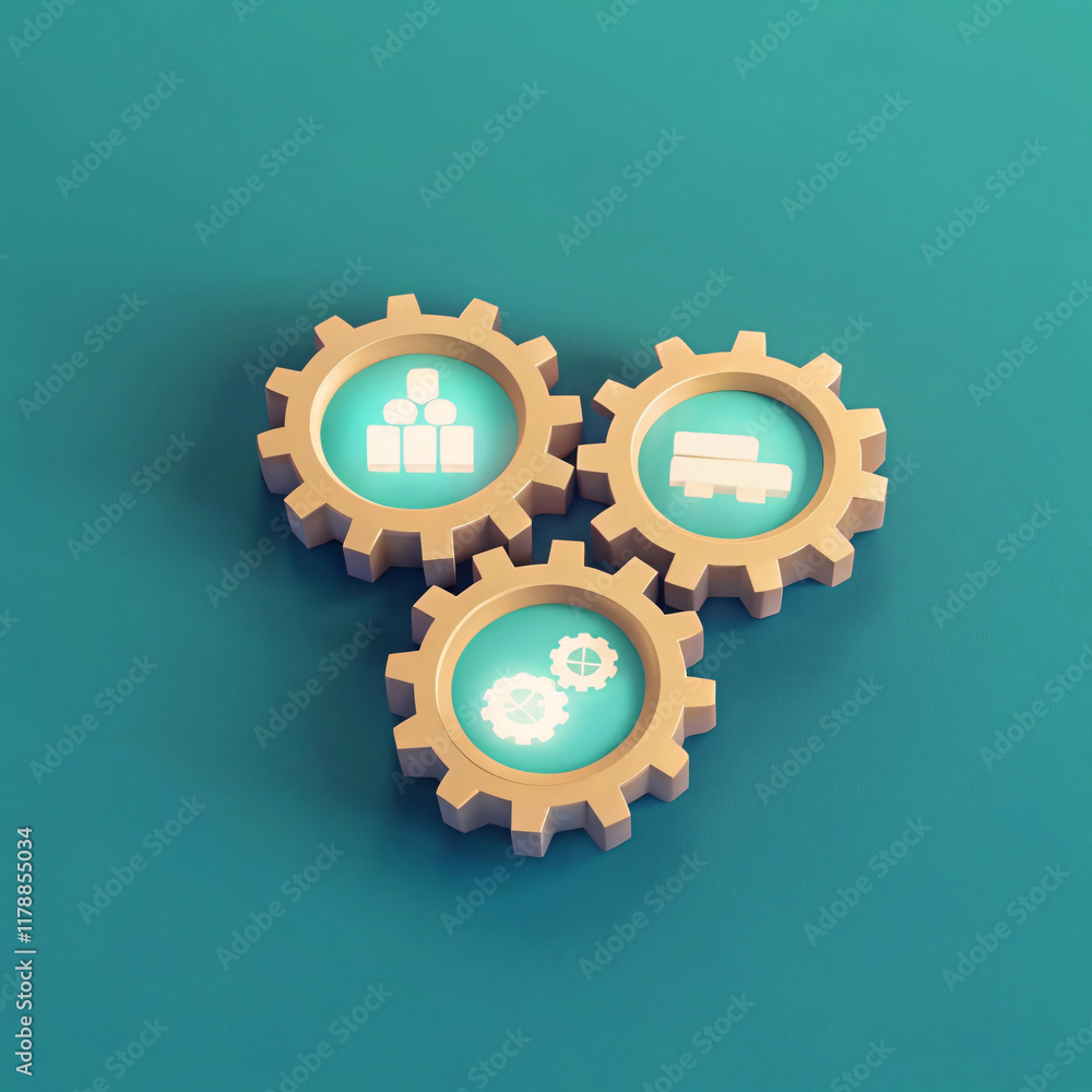3D illustration of interconnected gears representing teamwork, logistics, and processes. design features modern aesthetic with teal background 3D illustration of interconnected gears representing teamwork, logistics, and processes. design features modern aesthetic with teal background