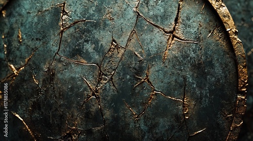 Close-up of a cracked shield with scratches and battle marks, symbol of resilience