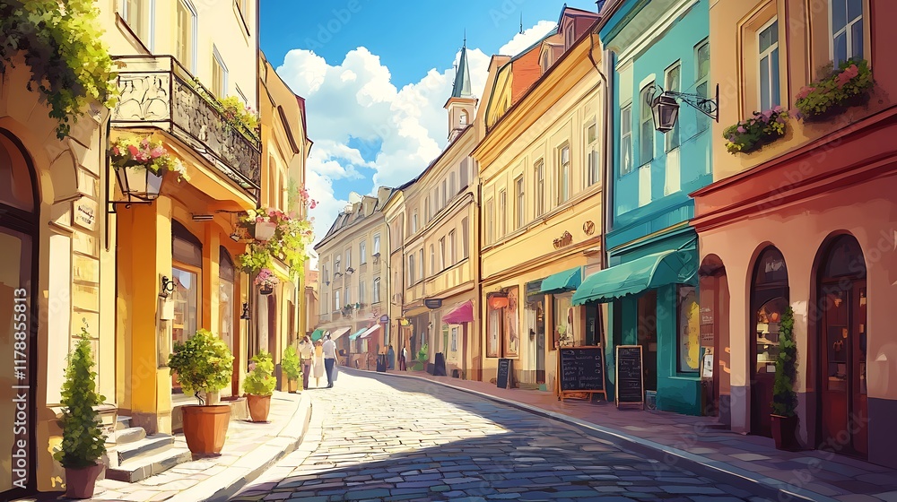 Obraz premium Charming European Street Scene: A Sunny Day in a Quaint Town