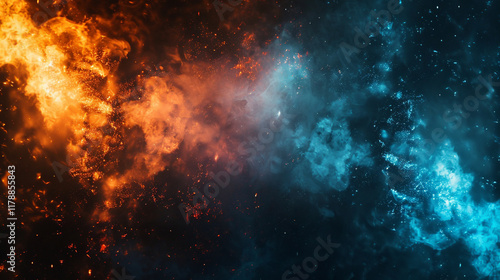 A dark grainy background with vibrant orange and blue glowing abstract shapes. Black noise texture adds depth, creating a striking wide banner or poster design for a modern, edgy look.