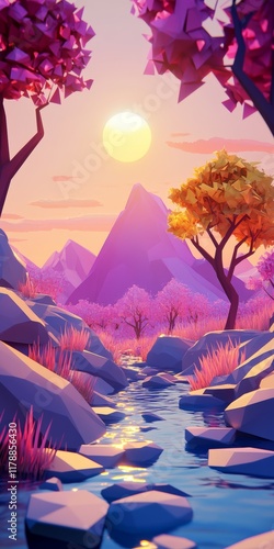 A beautiful landscape with a river and mountains in the background. The sky is pink and the sun is setting