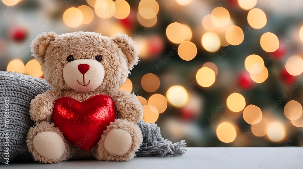 Cozy and playful teddy bear plush toy holding a red heart shaped cushion in a festive holiday setting with blurred sparkling lights in the background creating a warm and romantic atmosphere Cozy and playful teddy bear plush toy holding a red heart shaped cushion in a festive holiday setting with blurred sparkling lights in the background creating a warm and romantic atmosphere