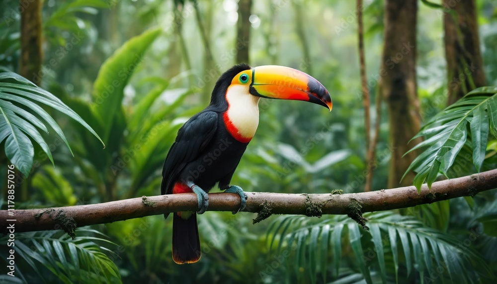 Naklejka premium Colorful toucan perched on branch in lush tropical rainforest.