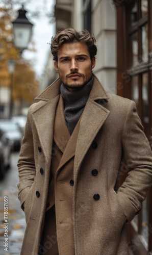 Stylish man in a fashionable coat walking in an urban setting
