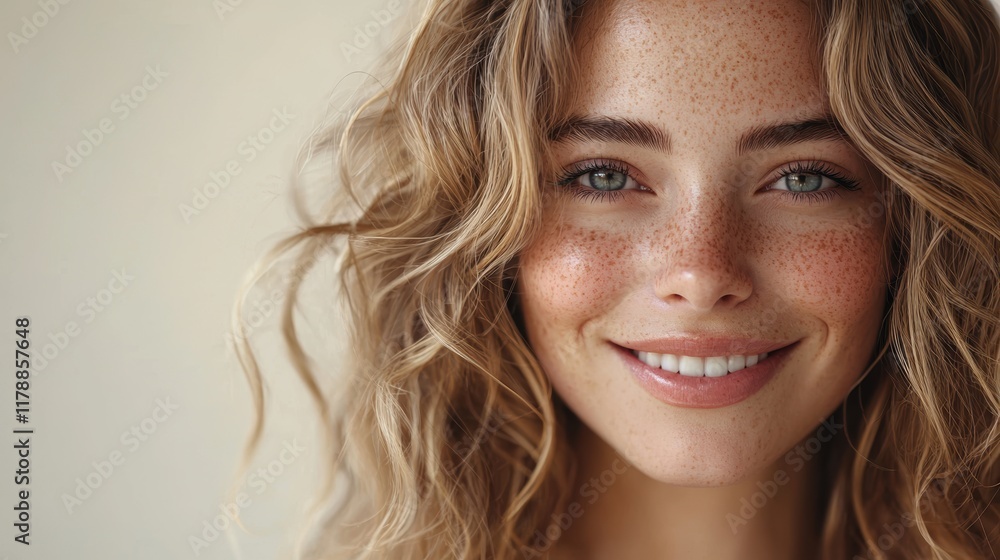 Close-up Portrait of a Woman with Freckles and Curly Blonde Hair Close-up Portrait of a Woman with Freckles and Curly Blonde Hair