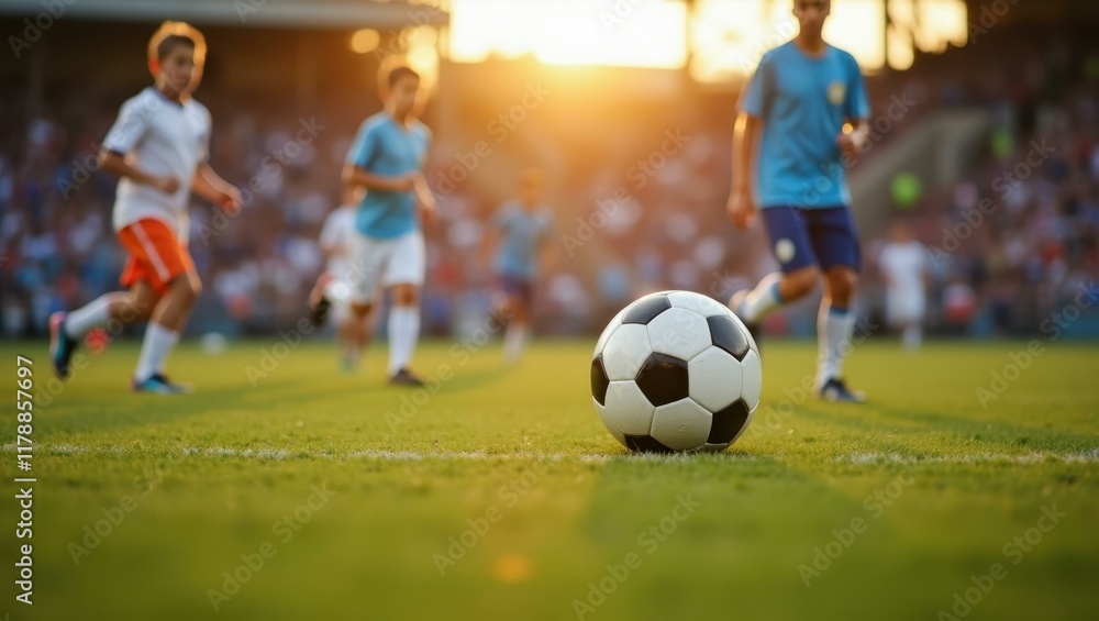 Active soccer game nearby being enjoyed by playful onlookers, Professional stock photo, AI generated photograph Active soccer game nearby being enjoyed by playful onlookers, Professional stock photo, AI generated photograph