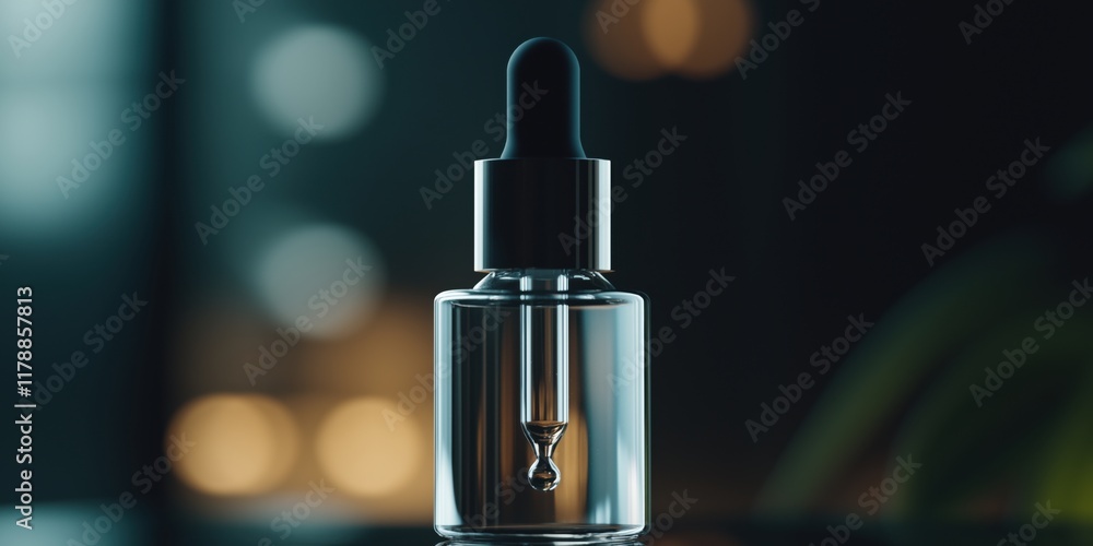 An elegant transparent dropper bottle set against a soft bokeh background, radiating elegance and wellness. An elegant transparent dropper bottle set against a soft bokeh background, radiating elegance and wellness.