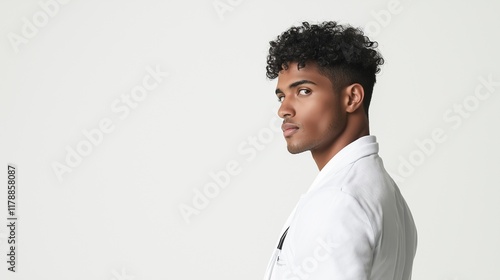 Confident young doctor in white coat looking sideways