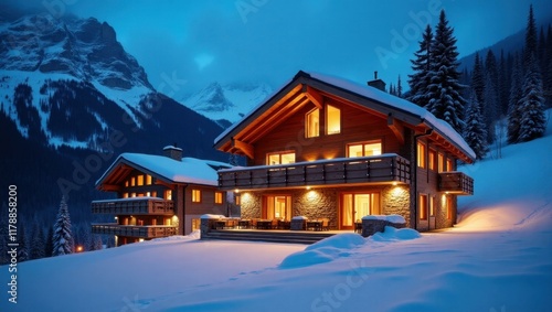 Wallpaper Mural Wellness retreat Short term rentals Onvest reits shortlets Ai render Hostfully Blueground snowit Veev Cozy wooden chalet with warm glowing lights covered in snow at dusk, winter holiday vacation home Torontodigital.ca