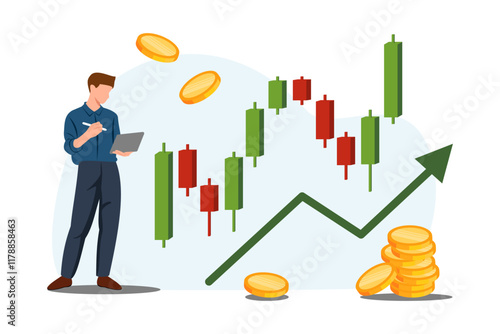 A male trader holding a tablet displaying an upward trending candlestick chart and a gold coin, representing growth and success in stock, crypto, or forex markets.