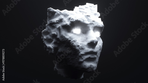 Digital block formation face with radiant eyes, tilted slightly, exuding intelligence and futuristic design, perfect for AI, technology, or innovation-themed concepts