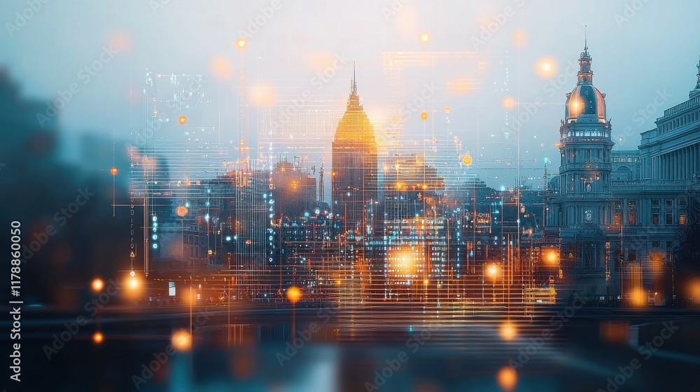 Fototapeta premium Futuristic urban development in a glowing city skyline under construction gigapixel visuals modern architecture evening atmosphere aerial view innovation and progress