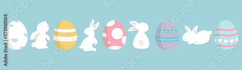 Vector Easter pattern with Easter egg and bunny drawings.easter egg icons and cute rabbits with decoration patterns vector illustration.