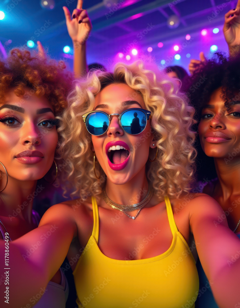 Fototapeta premium group selfie at a party bright colorful lights and sunglasses