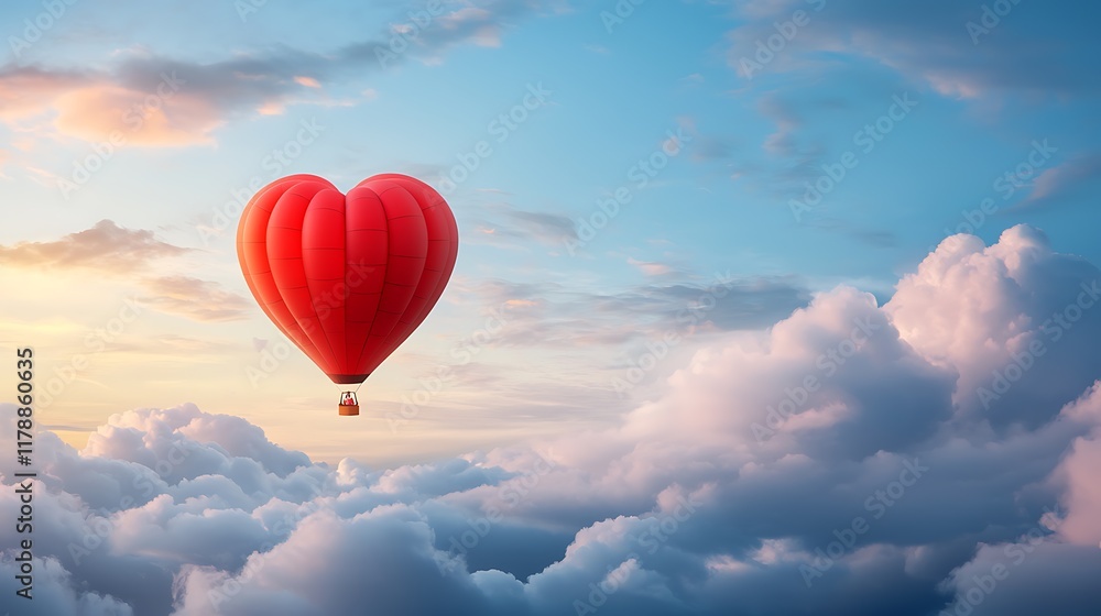 Obraz premium Heart shaped hot air balloon gracefully drifts through the tranquil cloud filled evening sky creating a magical and romantic scenic landscape