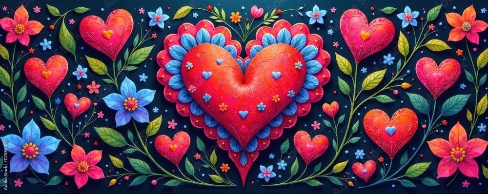 Fototapeta premium Intricate floral design, colorful hearts intertwined, delicate, abstract