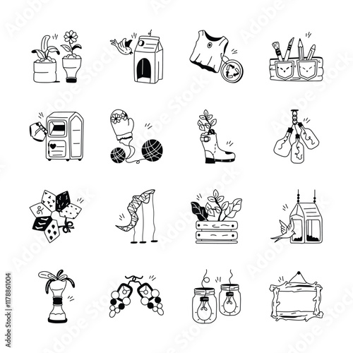 Hand drawn, line art designs showcasing creative upcycling and repurposing ideas