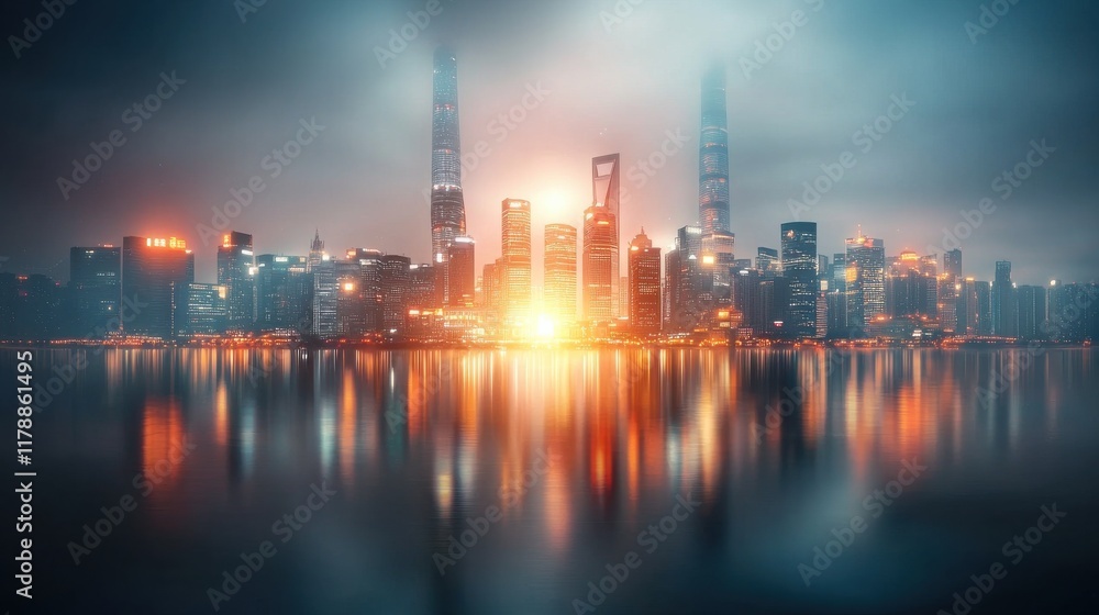 Fototapeta premium Dynamic financial hub shanghai urban cityscape photography evening glow reflective waters futuristic vision of prosperity