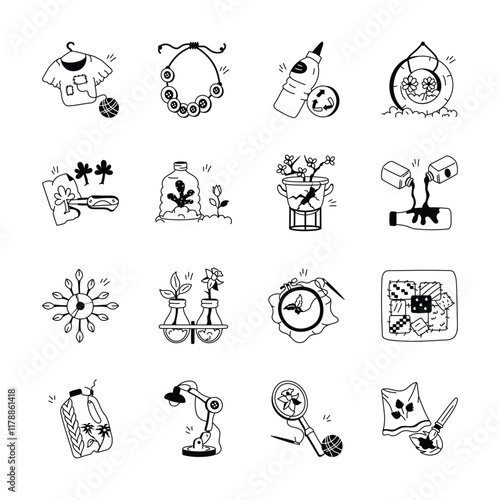 Hand drawn icons showcases a variety of upcycled craft projects, perfect for promoting DIY, sustainability, and creativity