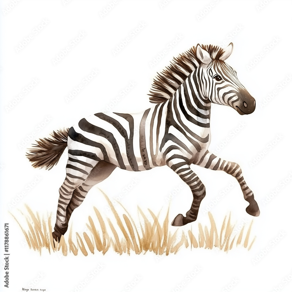 Fototapeta premium Illustration of the Plains Zebra running towards through savannah, soft watercolor tones, white background, detailed illustration, cartoonish.