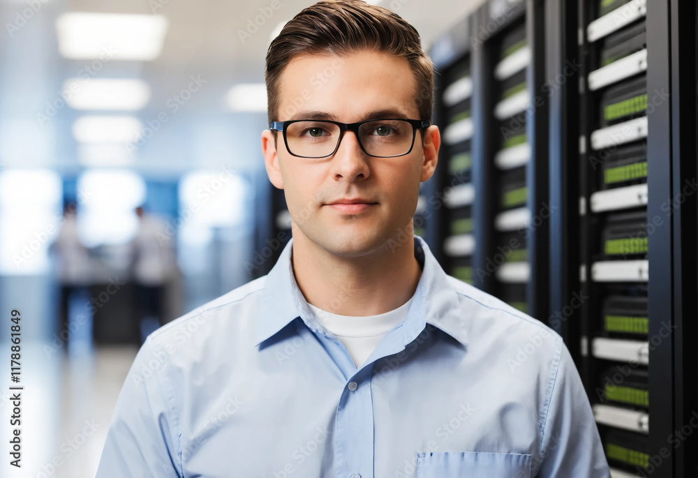 Obraz premium Portrait of an american IT engineer with blurred server background and copyspace