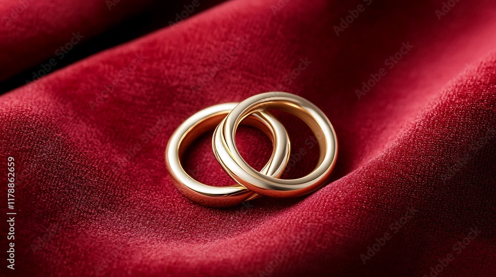 Minimalist and elegant flat lay composition featuring two intertwined gold rings symbolizing the eternal bond and commitment of love