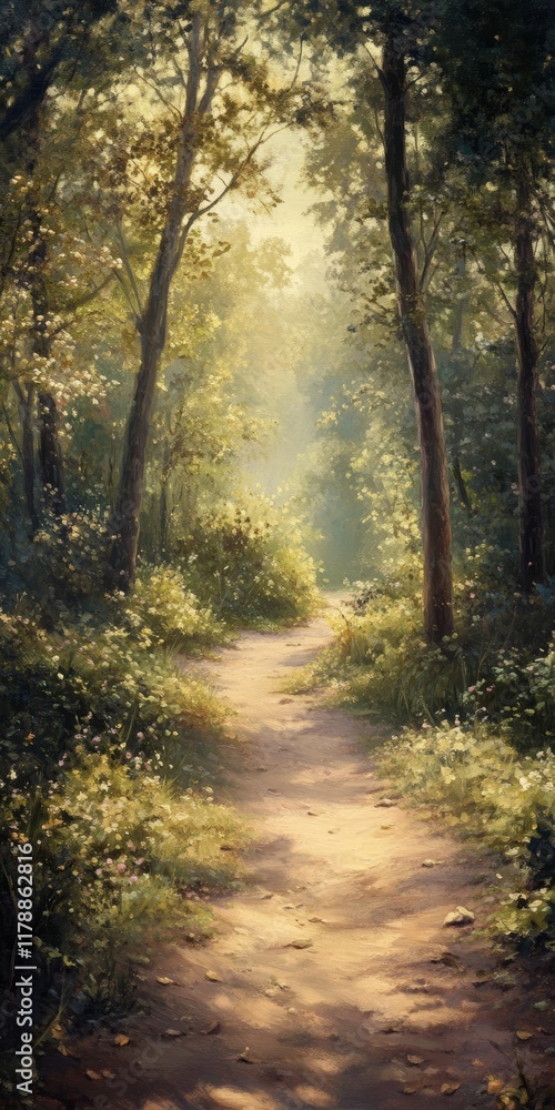 Obraz premium A peaceful forest path illuminated by warm sunlight, surrounded by lush trees and greenery, creating a tranquil and inviting atmosphere.