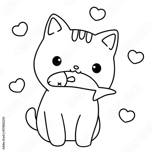 A little cat is enjoying favorite food, easy coloring for kids, vector, illustration