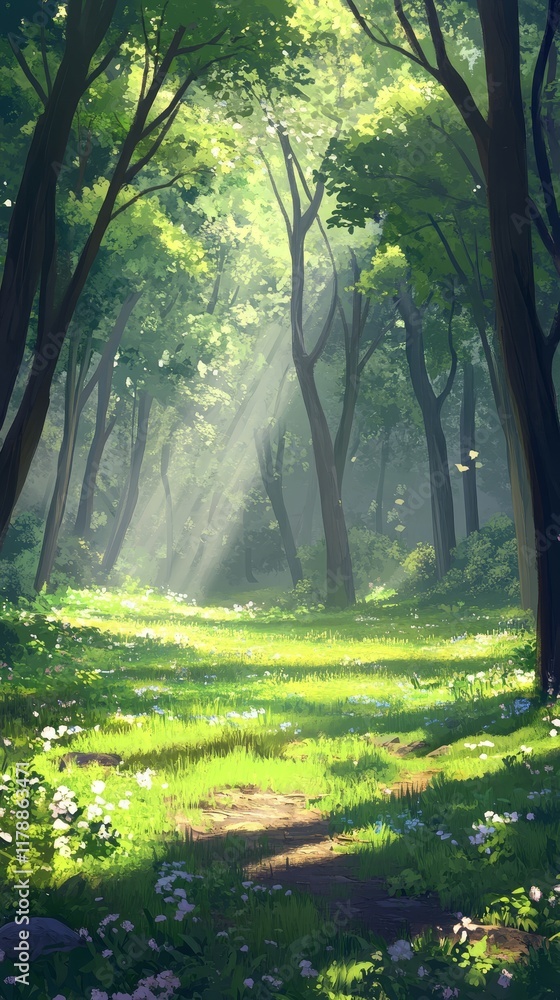 Fototapeta premium A peaceful forest scene with sunlight filtering through trees, illuminating a lush green path.