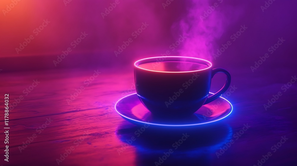 Fototapeta premium Steaming Coffee Cup Neon Glow Dark Wood Table