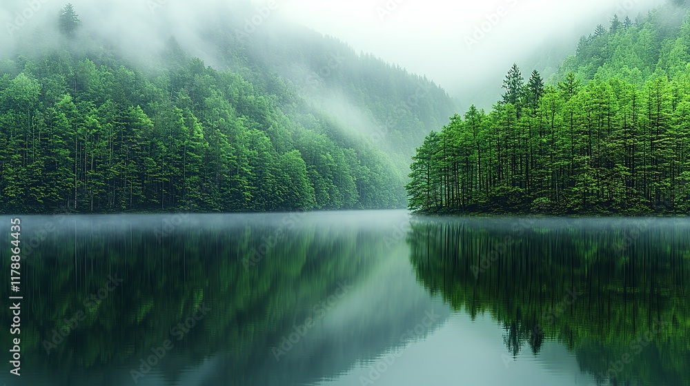 Serene Foggy Lake Mirroring Lush Green Mountains Serene Foggy Lake Mirroring Lush Green Mountains