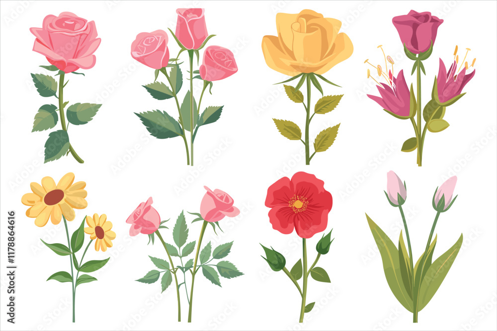 set of different color roes flowers Flat style vector illustration isolated on a white background set of different color roes flowers Flat style vector illustration isolated on a white background