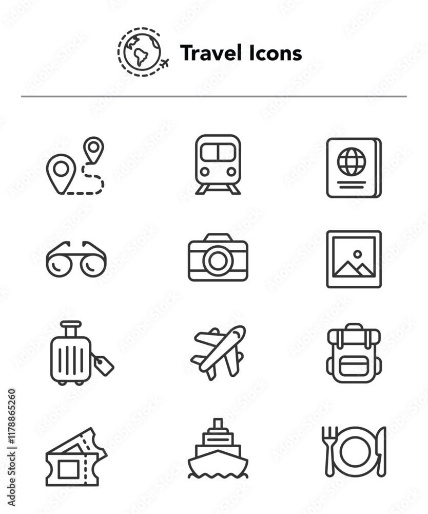 Travel Line Icons. Editable Stroke. Pixel Perfect. For Mobile and Web. stock illustration Travel Line Icons. Editable Stroke. Pixel Perfect. For Mobile and Web. stock illustration