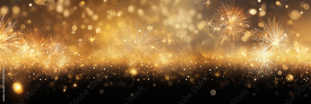 Naklejka premium Abstract Gold Glitter Background with Fireworks Display for Celebratory Events and Festive Occasions
