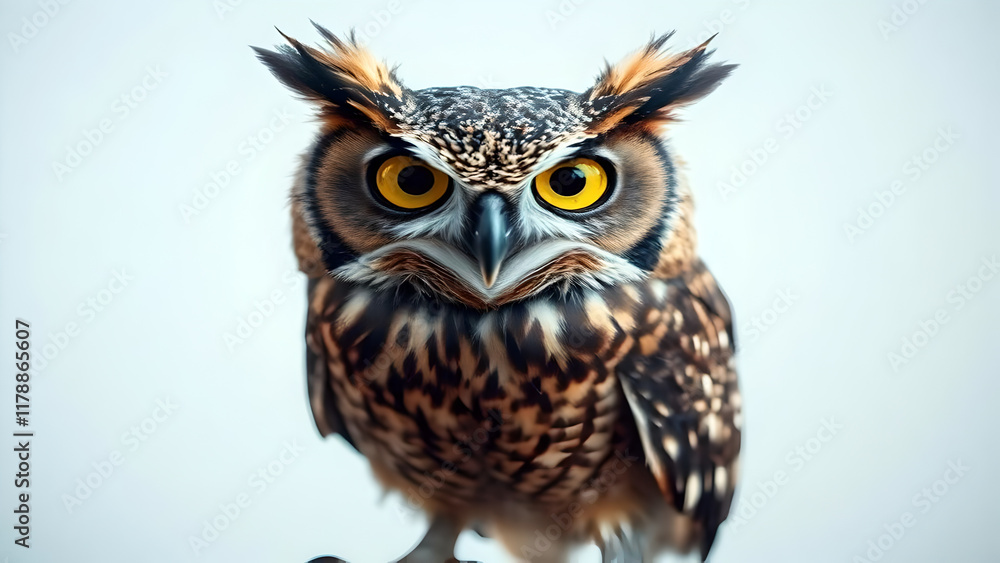 Fototapeta premium Close-up of a majestic owl with yellow eyes, tufted ears, and intricate brown-white feathers