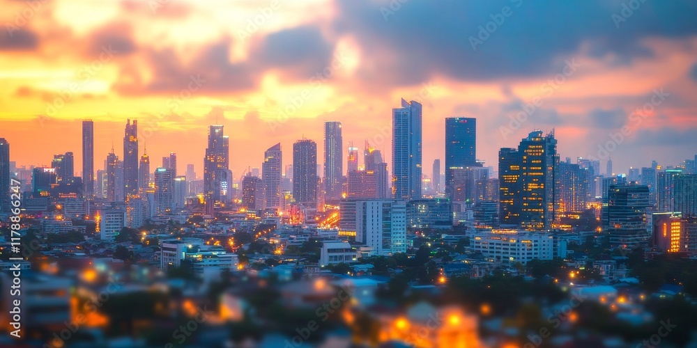 Obraz premium A city skyline at sunset with a warm, orange glow. The city is lit up with lights, creating a beautiful and serene atmosphere