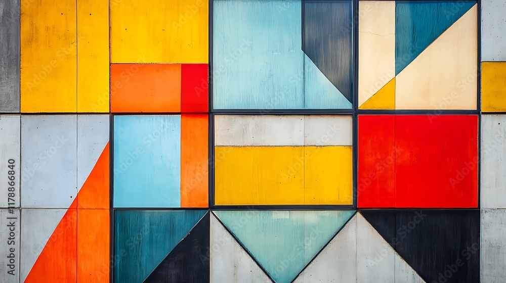 Fototapeta premium Colorful geometric facade design, urban building, abstract background, architectural detail, design inspiration.